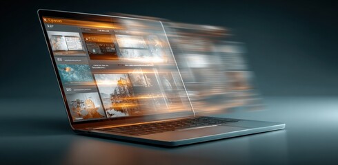 Laptop with motion blur creating a sense of speed, high performance technology, and modern digital design
