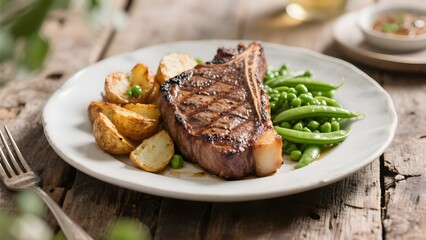 Homemade Grilled Sugar Steak with Potatoes and Peas