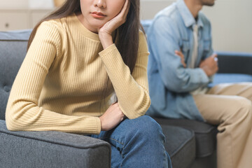 Breakup and depressed, asian young quarrel couple love fight relationship in trouble. Different people are emotion angry. Argue wife has expression upset with husband. Problem of family people.