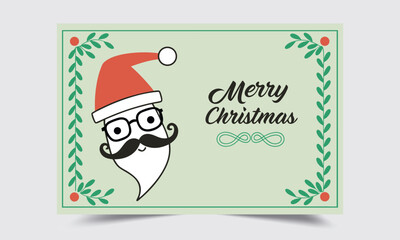Merry Christmas Greeting Card with Santa Claus Face Illustration Wearing Glasses and Mustache, Festive Holiday Card Design with Decorative Border and Seasonal Winter Celebration Artwork