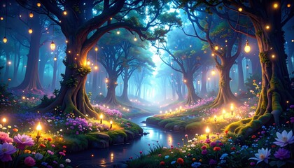 Obraz premium 光の粒が舞う幻想の花森 — ランタンと小径が導くドリームフォレスト