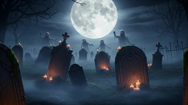 Spooky Halloween Graveyard Scene with Full Moon and Tombstones.