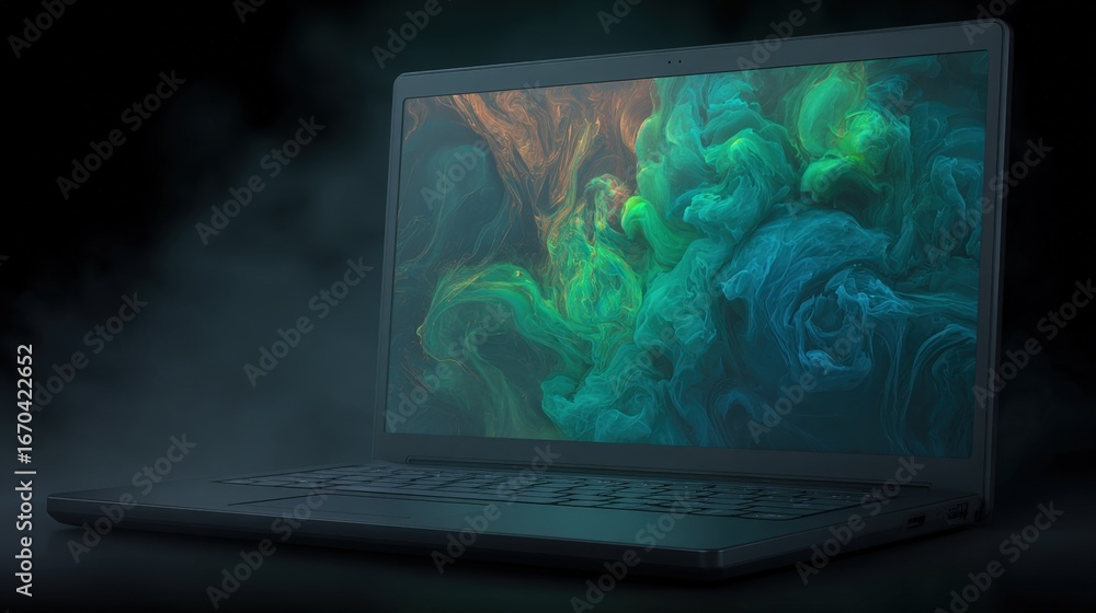 Poster sleek laptop displaying vibrant abstract art with atmospheric lighting for modern technology and cre