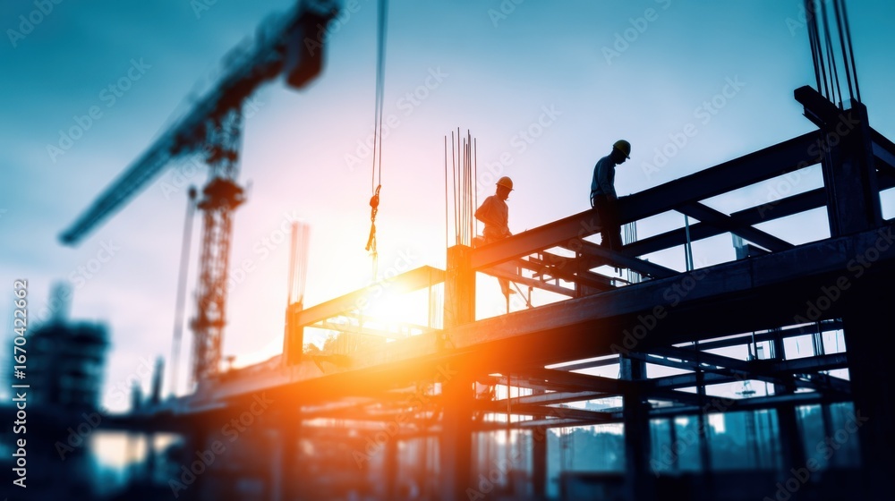 Poster Construction site at dusk with workers and crane, emphasizing infrastructure and development progress