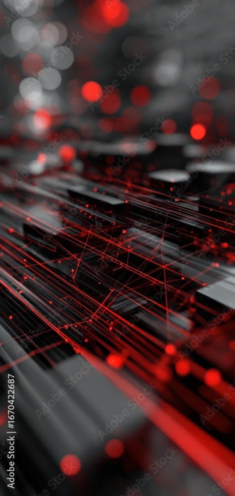 Aufkleber red data flow: abstract technology network on grey geometric surface - vertical