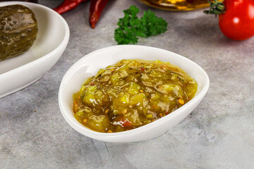 Souce gherkin relish with marinated cucumbers