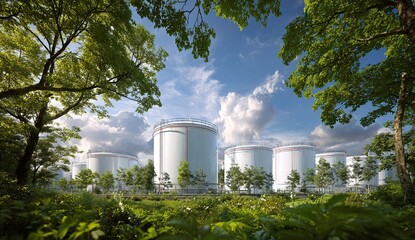 White industrial storage tanks appear through green foliage beneath bright cloudy skies and tree branches