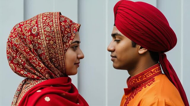 Vibrant Cultural Connection Young South Asian Couple in Traditional Attire Sharing a Gaze.