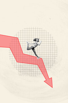 Banner image zine art pop trend collage of happy inexperienced businesswoman run arrow pointer bankruptcy decline crisis