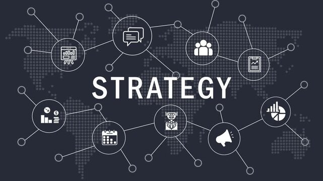 the interconnected network of a winning strategy. framework of business strategy. global strategy mind map with connected business icons. animated network of corporate strategy and planning concepts. 
