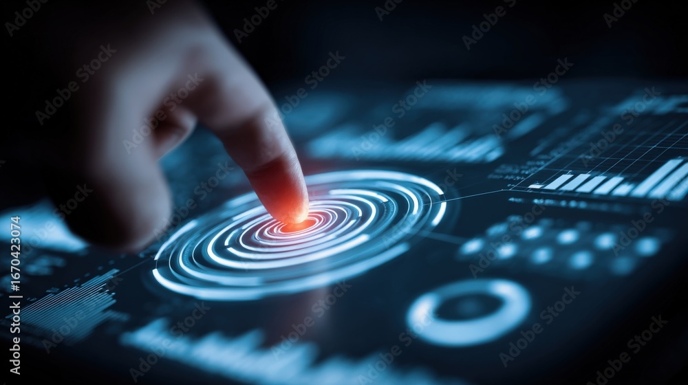 Poster human finger interacting with futuristic touchscreen interface displaying data analytics and abstrac