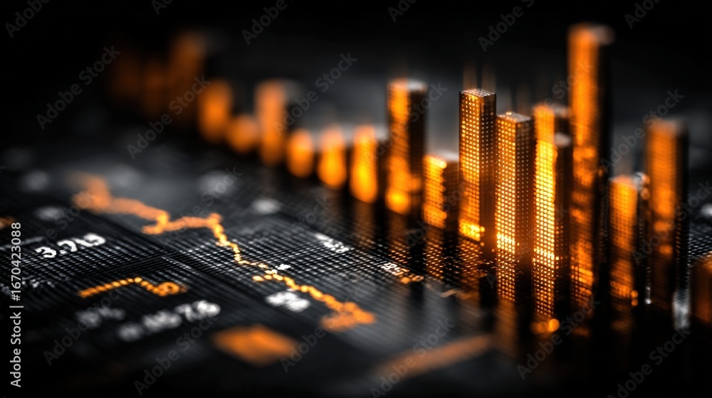 Poster financial data visualization: abstract stock market chart display with orange lines and bars represe