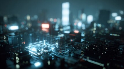 Futuristic Cityscape with Electronic Circuit Board Overlay, Neon Lighting, Technology Concept, Abstract Urban Design