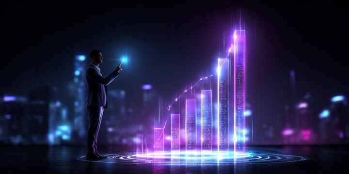 Businessman Interacting with Holographic Financial Growth Chart in a Futuristic Cityscape at Night - Powered by Adobe