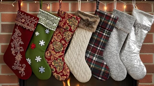 Seven Christmas stockings hang on a brick fireplace mantel with glowing string lights above