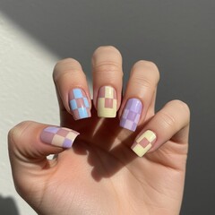 Pastel Checkered Nail Art Design on Hands