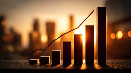 Rising Bar Graph with Upward Trend Line Against a Golden Cityscape Background, Representing Business Growth