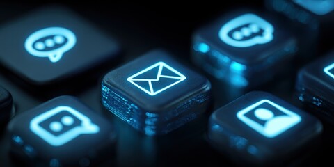Illuminated Keyboard Keys Depicting Communication Icons: Email, Messaging, and Profile for Digital Communication