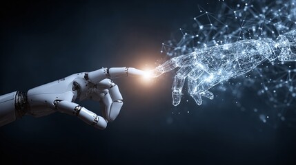 White robotic hand reaches toward digital wireframe limb, sparking futuristic connection against dark background