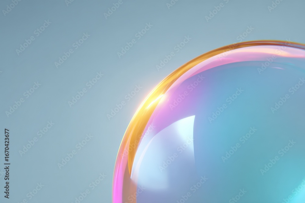 Poster abstract iridescent sphere with golden edge on light blue background for modern design projects