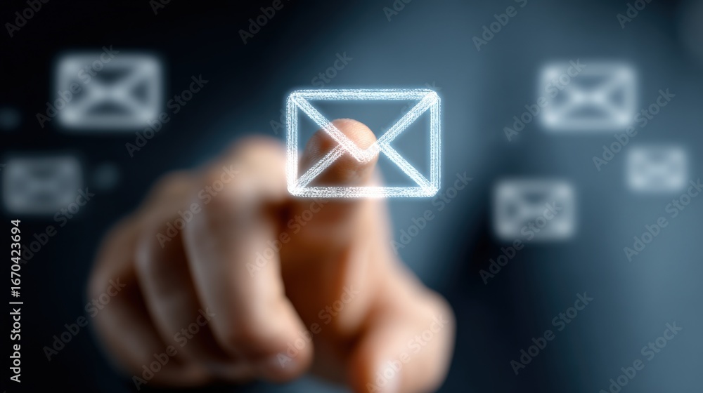 Poster digital communication concept: man taps holographic email icon for connection and messaging