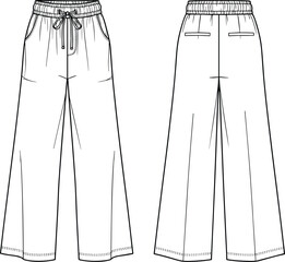 Wide-leg pants technical sketch, front and back views, elastic waistband with drawstring, welt pockets, fashion flat garment illustration