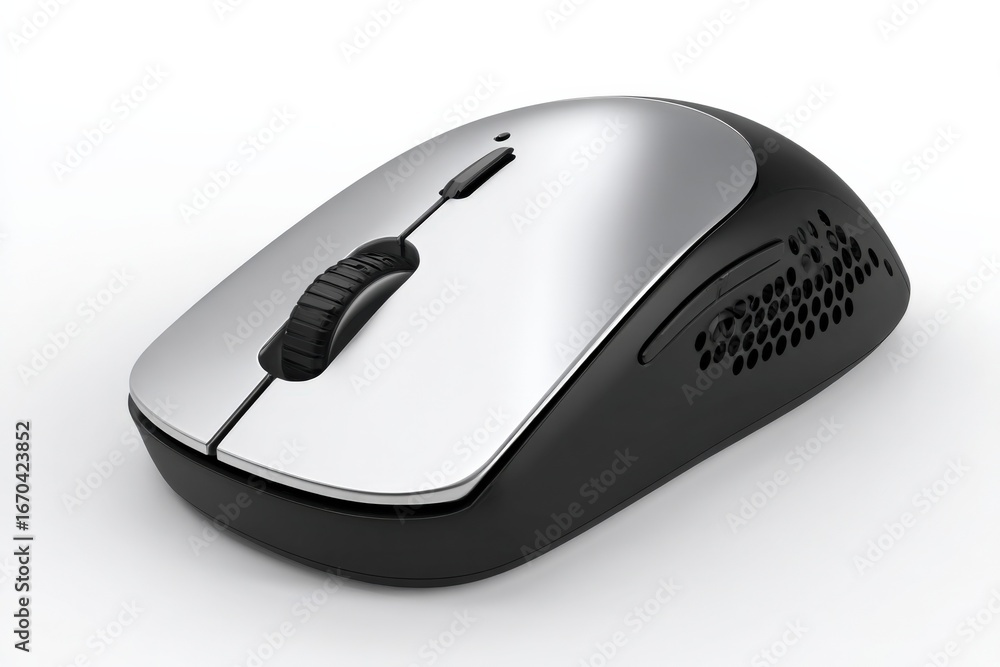 Poster ergonomic wireless mouse in silver and black, modern design for computer use and technology