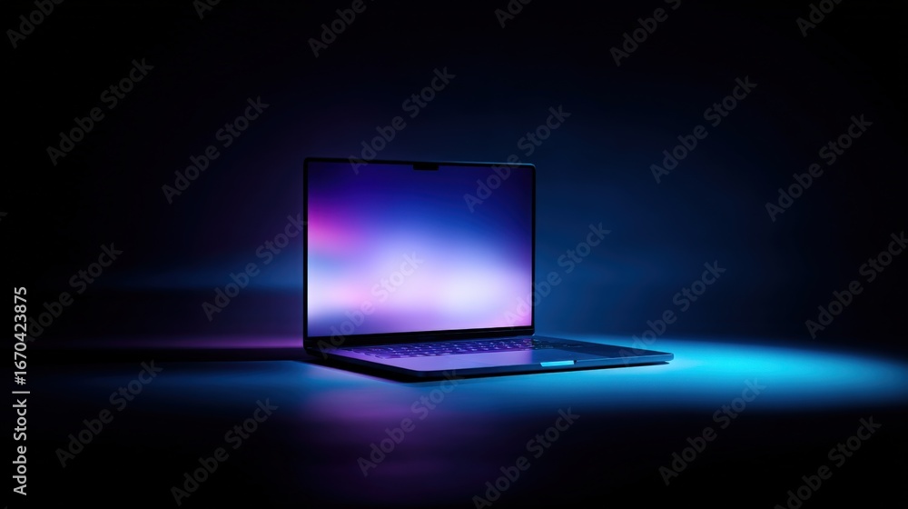 Poster laptop with illuminated screen displaying abstract purple and blue gradient on a dark background