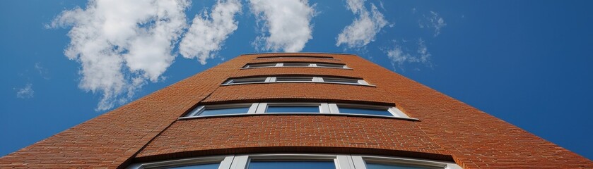 A vertical view of a modern brick building against a bright blue sky.