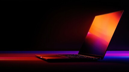 Naklejka na ściany i meble Sleek Laptop Displaying Vibrant Colors Against a Dark Background, Ideal for Technology and Design Concepts