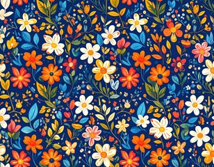 Fototapeta premium Vibrant Folk Art Meadow A Seamless Pattern of WarmToned Flowers on a Deep Navy Blue Background.