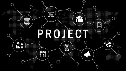 corporate project planning and execution flowchart animation. project management infographic with icons on a world map. animated network of corporate project management concepts. animated project road