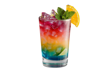Colorful layered cocktail with ice and fruit garnish isolated on transparent background