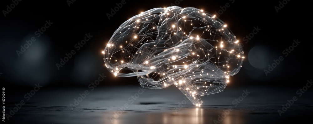 Poster abstract digital rendering of a brain with glowing neural connections