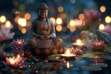 Fototapeta premium Wooden Buddha statue sits serenely amidst candles and water lilies, creating peaceful scene