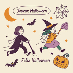 Halloween message in fun doodle sketch style. Halloween, October, Spooky, Haunted, creepy, Joyeux Halloween, Party, Spain Feliz Halloween.