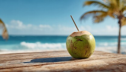 Fresh coconut on a beach table