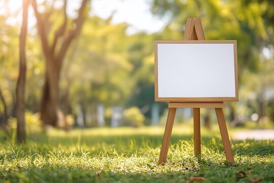 Wooden easel displays blank canvas among green lawn under sunny park sunlight - Powered by Adobe