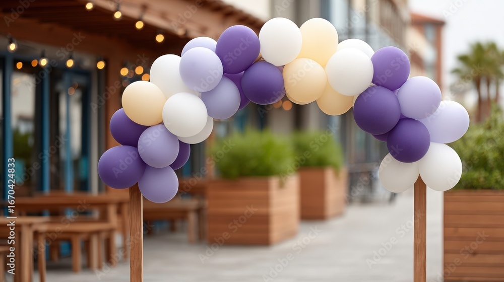 Aufkleber a large arch of balloons is set up in front of a building