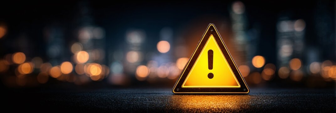 Yellow warning triangle with black exclamation point glows before blurred city lights