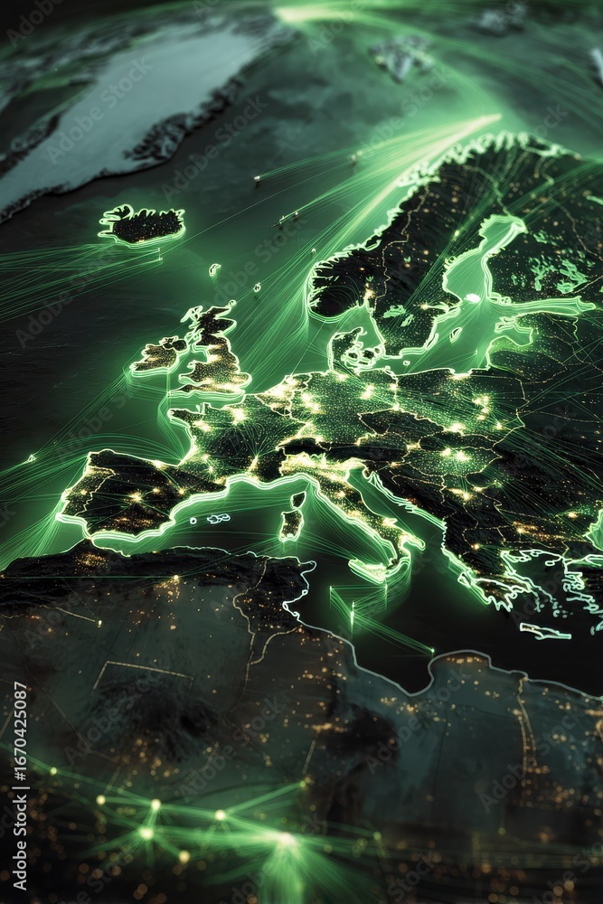 Poster digital visualization of interconnected networks over europe and surrounding regions