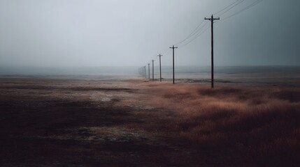 Utility poles disappearing into the hazy horizon of a rural landscape
