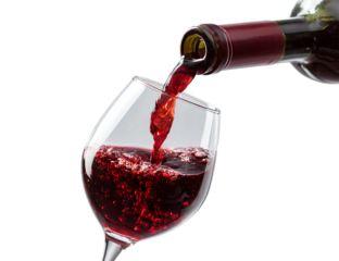 red wine pouring into glass isolated on transparent background