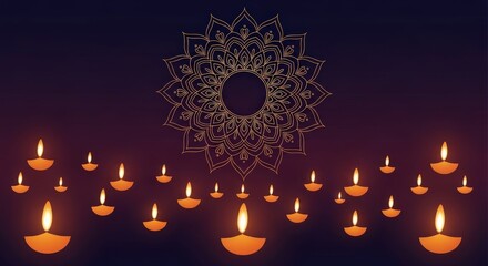 Golden mandala design above rows of glowing diya oil lamps on a dark purple background for Diwali celebration.