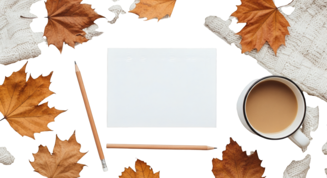 Autumn leaves with coffee and stationery on black paper background - Powered by Adobe