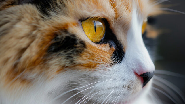 Cat Looking Away in Profile with Striking Yellow Eye Close-up