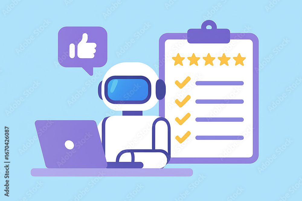 Poster a futuristic robot or ai bot working on a laptop, giving a five-star review and a thumbs-up for a go