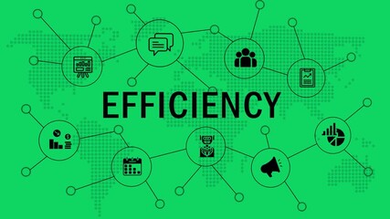 Animated Network of Corporate Efficiency Concepts. Corporate Efficiency and Productivity Flowchart Animation. A Network Animation. Business Efficiency Infographic with Connected Icons on a World Map. - Powered by Adobe