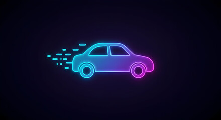 Glowing Car Icon Moving Fast with Neon Colors on Dark Background