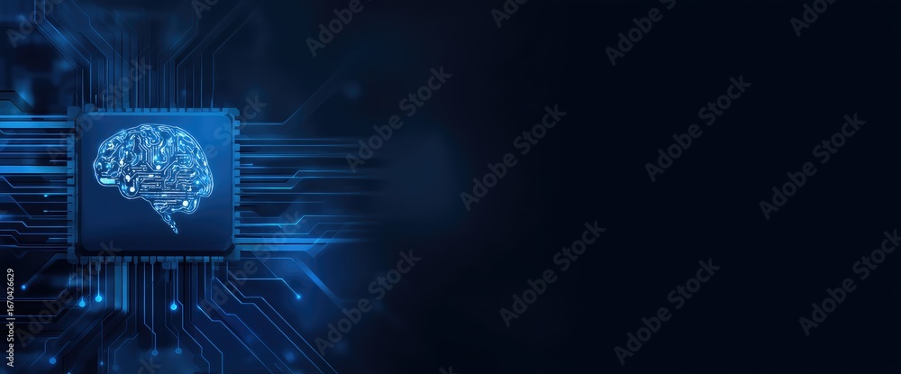 Aufkleber futuristic ai chip with glowing brain circuitry design on digital board and dark background, ideal f